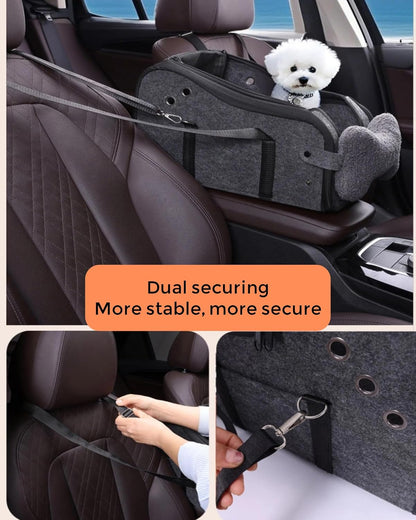 Center Console Dog Car Seat for Small Dogs 0-15 lbs, Pet Car Bed with Adjustable Safety Straps & Hook, Secure Comfortable Puppy Seat for Middle Console