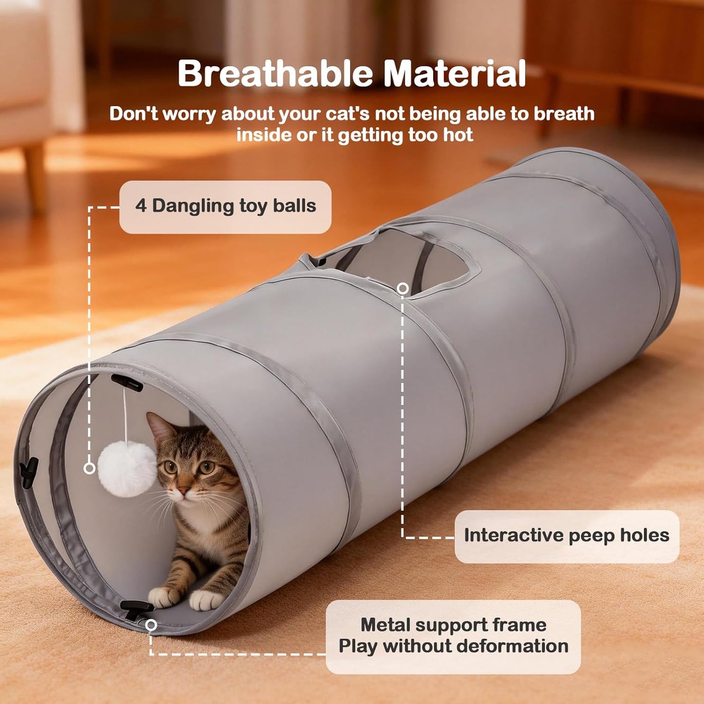Cat Tunnel 3 Straight Shaped Pet Tunnels, Tube Cat Toys 6 DIY Shapes with Wand Toys, Scratch Resistant Collapsible Cats Tubes for Indoor Puppy, Kitten, Rabbit Silver 82in