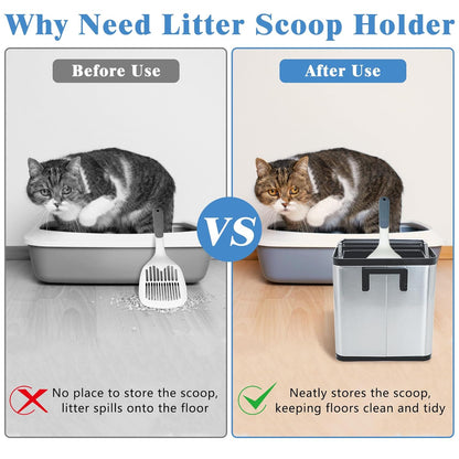 kathson Stainless Steel Cat Litter Scoop Holder, Universal Scooper Storage Caddy, Deep Kitty Litter Trash Can with Lid, Metal Pet Waste Container, Detachable Cat Shovel Holder