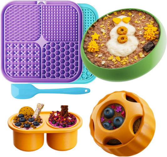 LUKITO Lick Mat, Ball & Bowl with Peanut Butter, Frozen Treat Puzzle Dispenser for Anxiety Relief, Reduce Boredom, Perfect for Bathing Grooming (6 in 1)