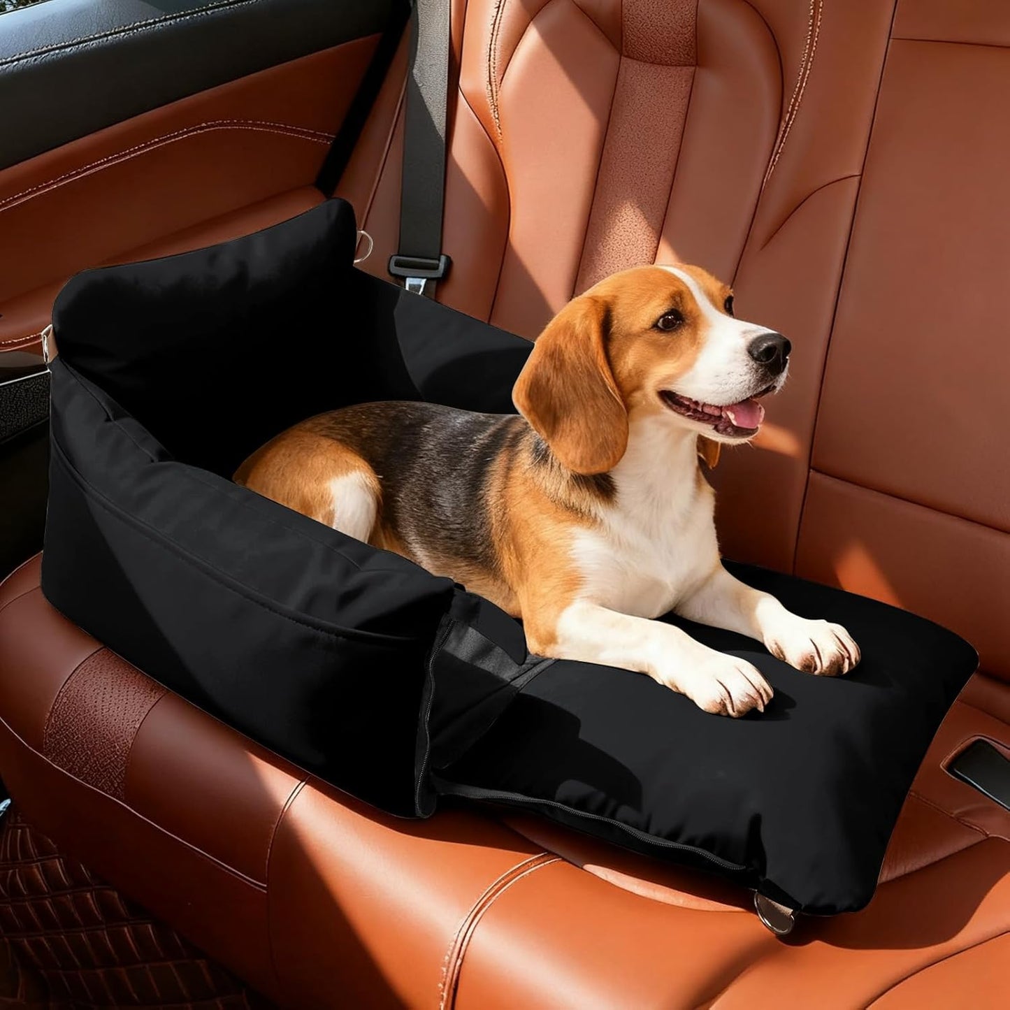 Small Dog Car Seat, Waterproof Pet Booster Seat for Car with Side Handles and a Storage Pocket, Clip-On Safety Leash and PP Cotton Filling, Vehicle Bed for Small to Medium Dogs up to 25lbs (Black)