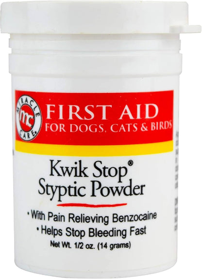 Miracle Care Kwik Stop Styptic Powder for Dogs, Cats and Birds, 0.5 Ounce, Fast Acting Blood Stop Powder with Pain Relieving Benzocaine