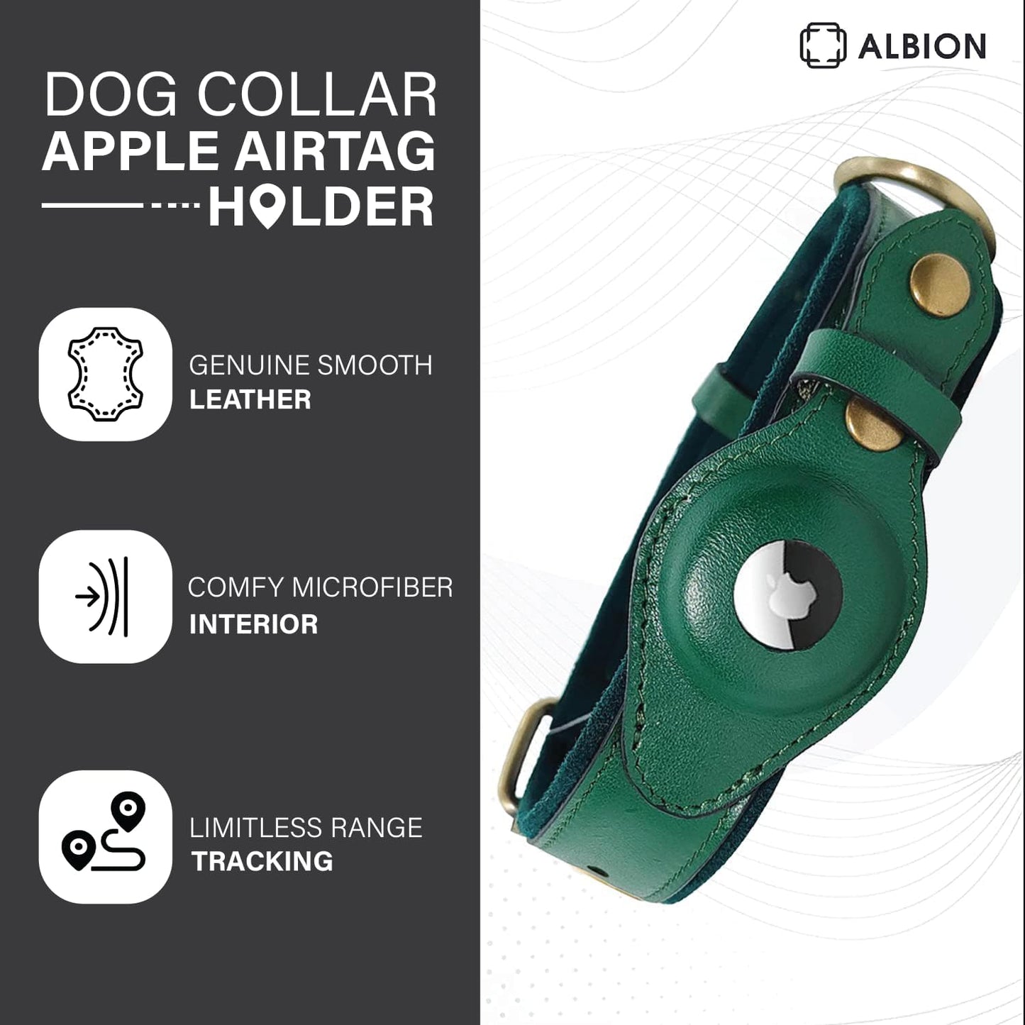 Apple AirTag Leather Dog Collar Smart GPS Collar with AirTag Holder (M, Pine Green)