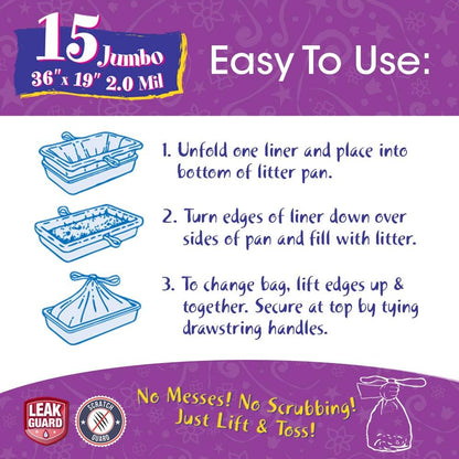 15 Count Fresh Kitty Litter Box Liners Super Thick, Durable, Easy Clean Up Jumbo Drawstring Scented Litter Pan Box Liners, Bags for Pet Cats