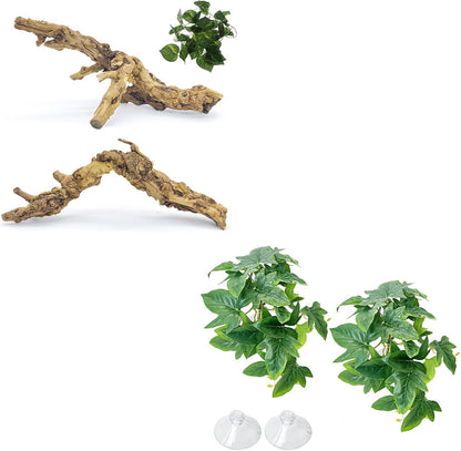 VCEPJH 2 Pack Reptile Wood Branches, Snake Climbing Branch Natural Bearded Dragon Log and Plants with Suction Cup Amphibian Habitat Decor 2 Pcs Artificial Leaves for Bearded Dragon, Lizard, Snake