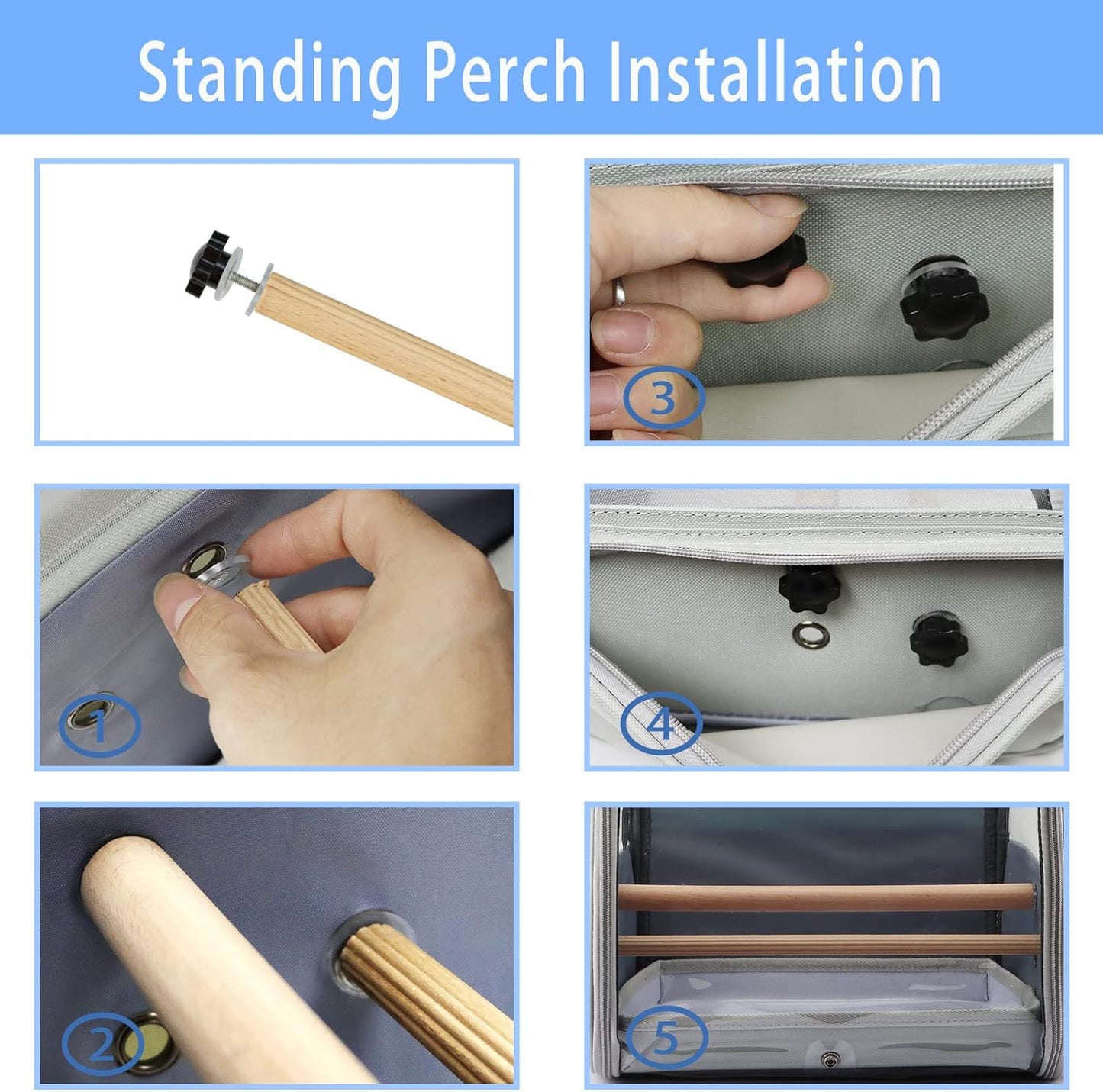 Texsens Bird Carrier Backpack - Pet Travel Cage with Upgraded Tray and Standing Perches, Breathable & Portable, for Small Birds, Green Cheek, Cockatiel, Parrot (Grey)