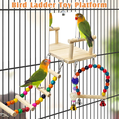 BNOSDM 6in1 Bird Perch Platform Swing Wooden Parakeet Toys with Mirror Playground Climbing Ladder Bird Cage Accessories for Parrot, Budgies, Conures, Finch, Cockatiels, Lovebirds
