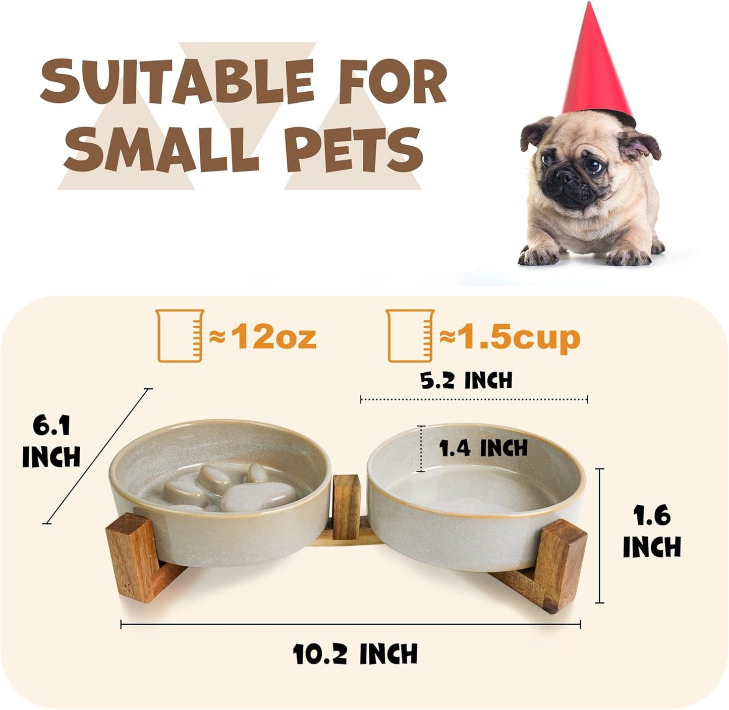 Ceramic Slow Feeder Dog Bowl Set with Stand, Cute Paw Slow Feeding Food Bowl and Water Bowl for Small Breed, 5.2" Ceramic Non Slip Dog Dishes, Grey