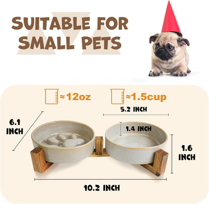 Ceramic Slow Feeder Dog Bowl Set with Stand, Cute Paw Slow Feeding Food Bowl and Water Bowl for Small Breed, 5.2" Ceramic Non Slip Dog Dishes, Grey