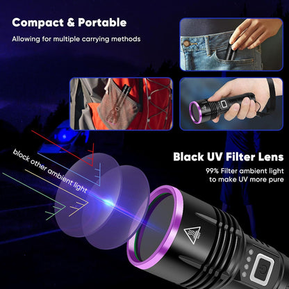 UV Flashlight 20W, 5000 mAh High Power 365nm UV Light, Led Usb Rechargeable Black Light Flashlight for Pet Urine Detection, Resin Curing, Rock Hunting, Traveling, AC Leak,Uranium Glass,Blood Tracking