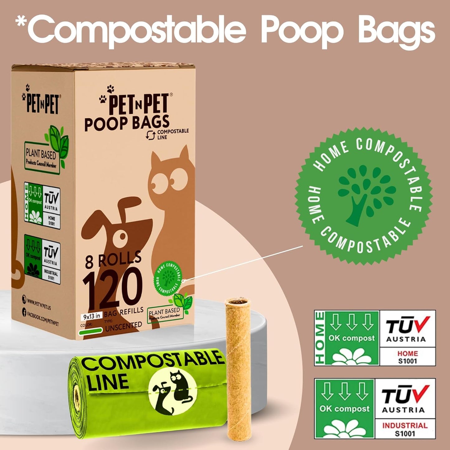 Pet N Pet Poop Bags For Dogs, 120 Counts Dog Poop Bags Rolls + 100% Plant Based Dog Wipes for Paws and Butt, 100 Counts Dog Pet Wipes, 8" x 8" Hypoallergenic Unscented Dog Wipes