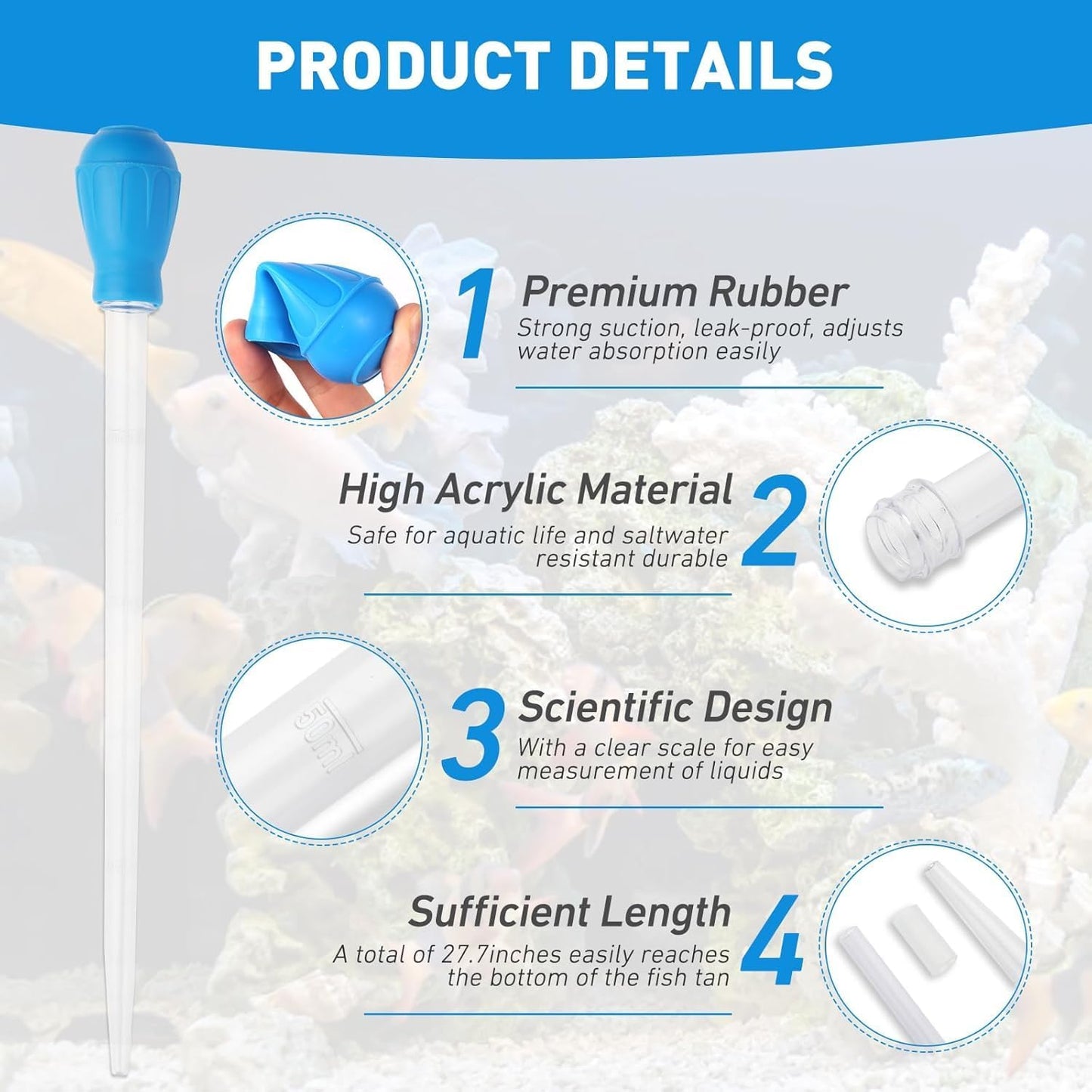 27.7IN Extra Long Turkey Baster for Aquarium, 50ml Aquarium Water Changer Siphon for Fish Tank Cleaning, Waste Remover for Aquarium, Blue