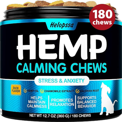 Hemp Calming Chews for Dogs with Anxiety and Stress - 180 Soft Dog Calming Treats - Dog Anxiety Relief - Storms, Fireworks, Thunder, Barking, Separation Aid - Valerian Root - L-Tryptophan - Hemp Oil