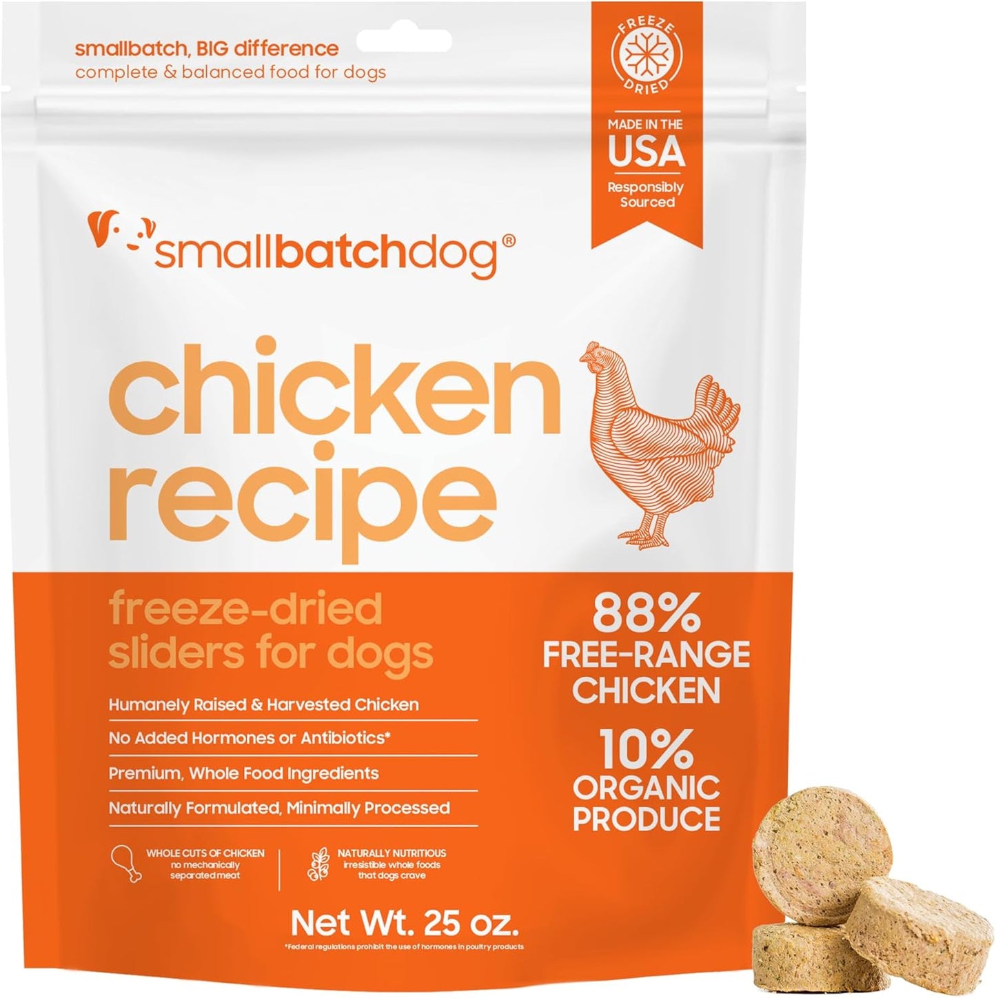 smallbatch Pets Freeze Dried Raw Dog Food, Chicken Recipe, 25 oz, Organic High Protein Dog Food, Grain Free, Made in The USA, Humanely Raised Meat, Single Protein, for Picky Eaters, Hydrate & Serve