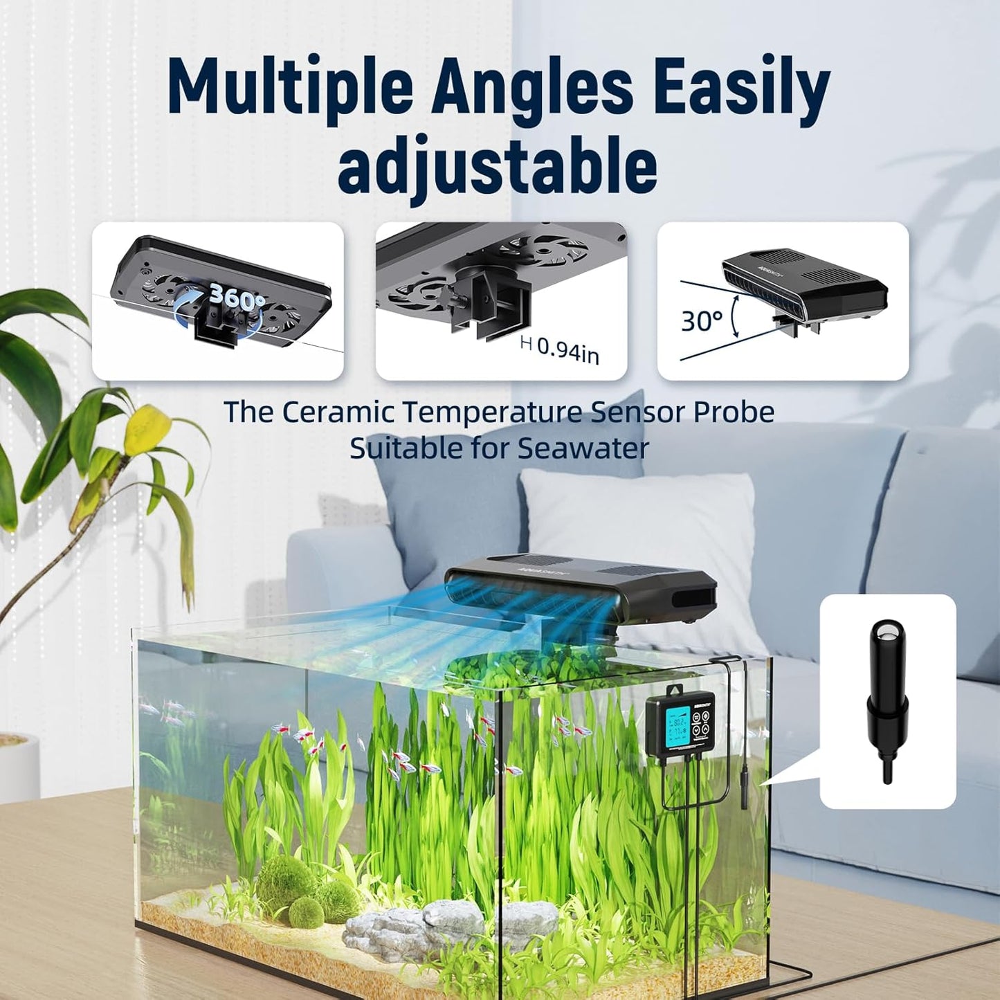 Aquarium Chiller Fan,Fish Tank Cooler with Temperature Control,Minimum Setting 59℉,Auto Start/Stop,Refrigeration Effect 3-7℉,3-Speed Modes,for Axolotl Seawater Freshwater Coral Grass Tank