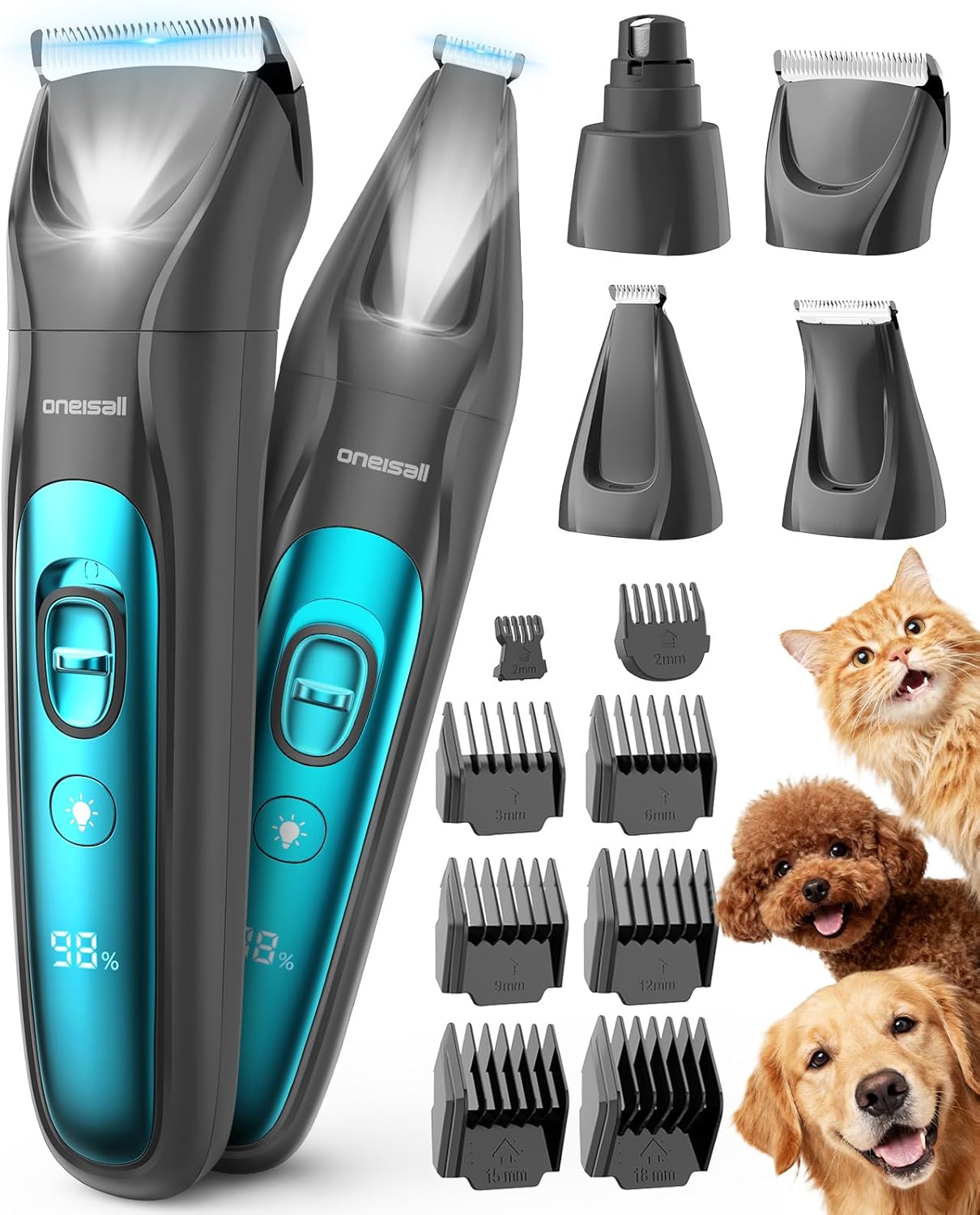 oneisall Professional Dog Grooming Kit at Home: All-in-One Quiet Clippers & Nail Grinder with LED Light, 2000mAh Cordless Dog Shaver, Safe Poodle Grooming Kit for Paws, Face, Ears & Body