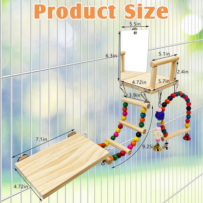 BNOSDM 6in1 Bird Perch Platform Swing Wooden Parakeet Toys with Mirror Playground Climbing Ladder Bird Cage Accessories for Parrot, Budgies, Conures, Finch, Cockatiels, Lovebirds
