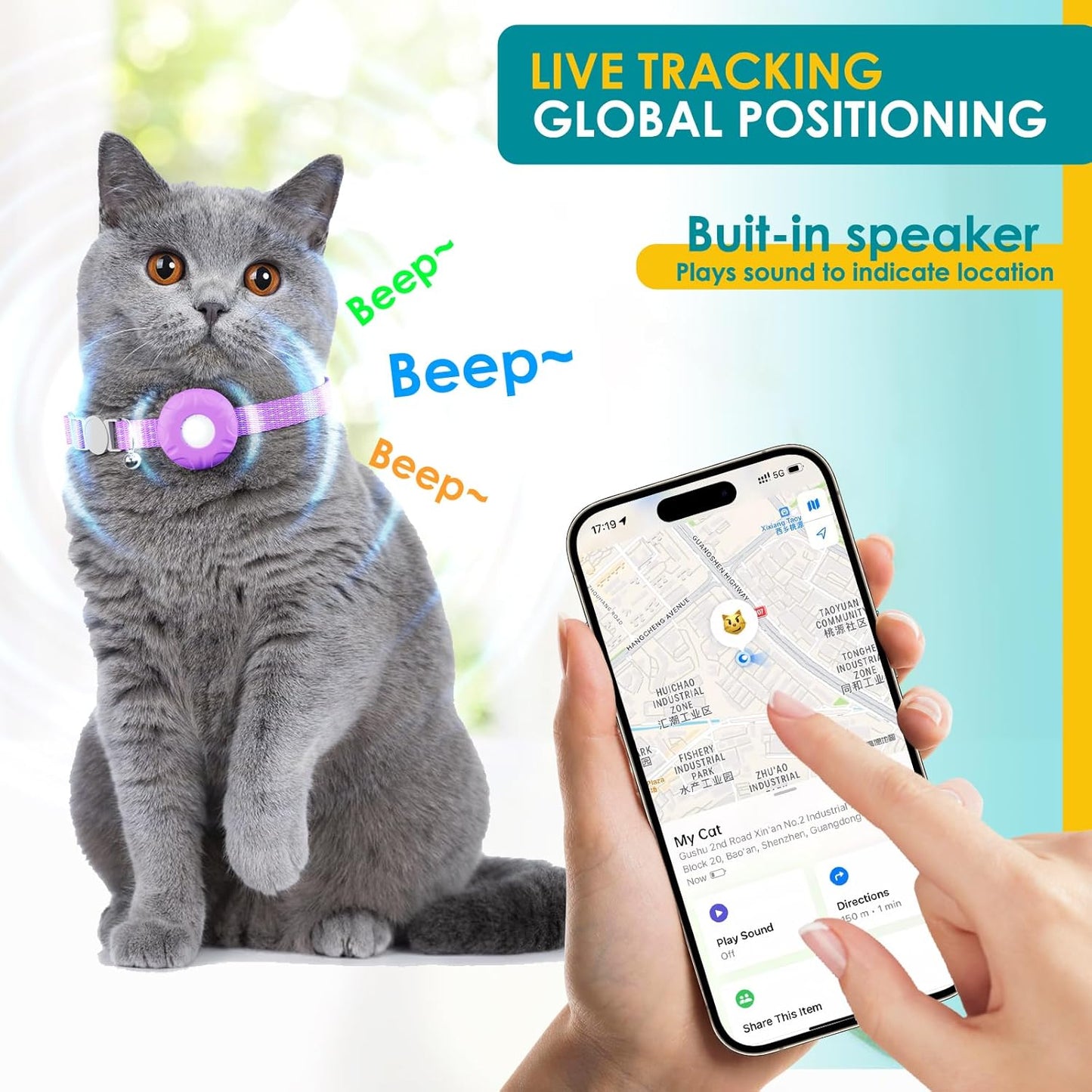 Cat GPS Tracker, Smart Cat Tracker Compatible with Apple Find My App (Only iOS), No Monthly Fee, Waterproof