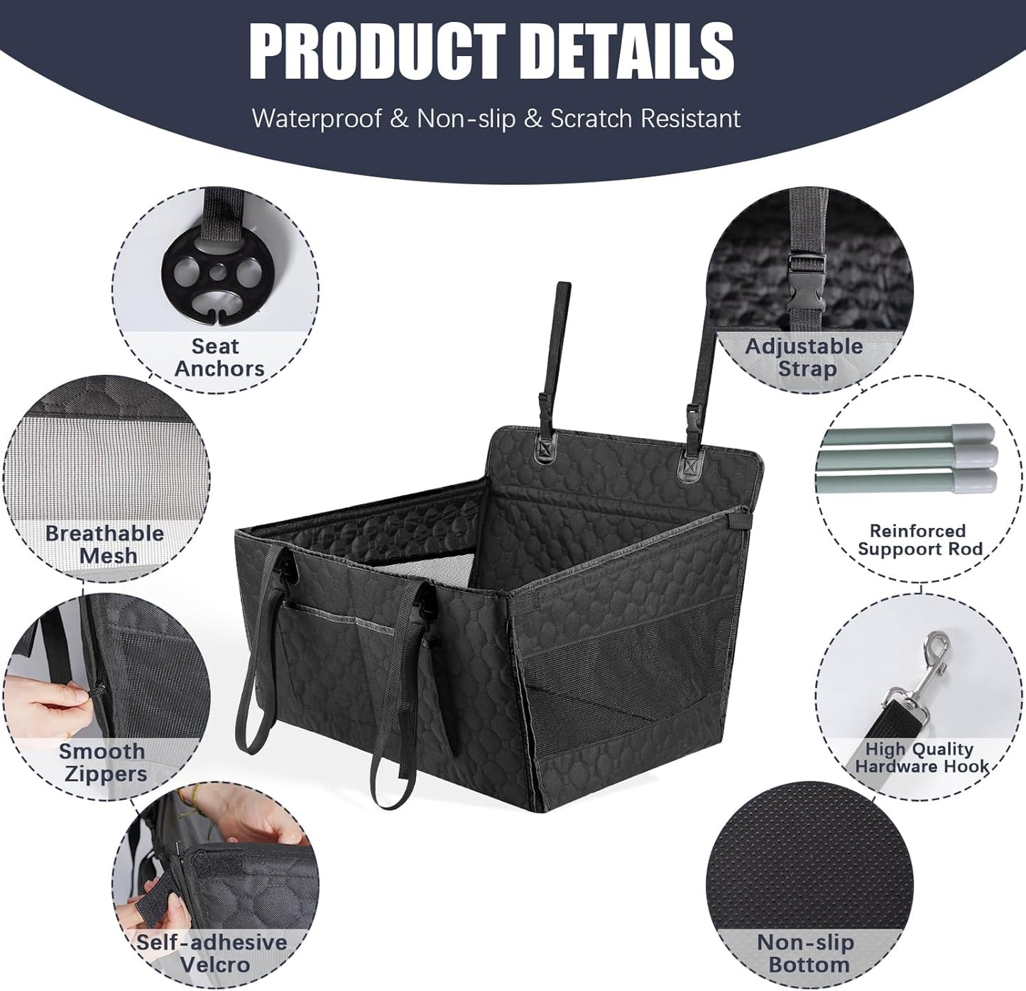 Dog Car Seat for Large Medium Dogs, Dog Car Seat Cover for Back Seat, Foldable Pet CarSeat with Safety Belt, Waterproof Fabric & Breathable Mesh, Back Seat Cover for Dogs Under 40lbs (Large, Black)