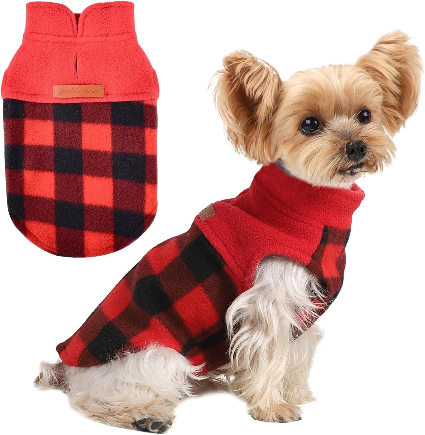 DaFuEn Fleece Dog Sweater, Dog Fleece Vest Winter Coat for Boy Girl, Pet Clothes Pullover, Soft Stretchy Puppy Sweater, Yorkie Teacup Chihuahua Jacket (Red Plaid, XS)