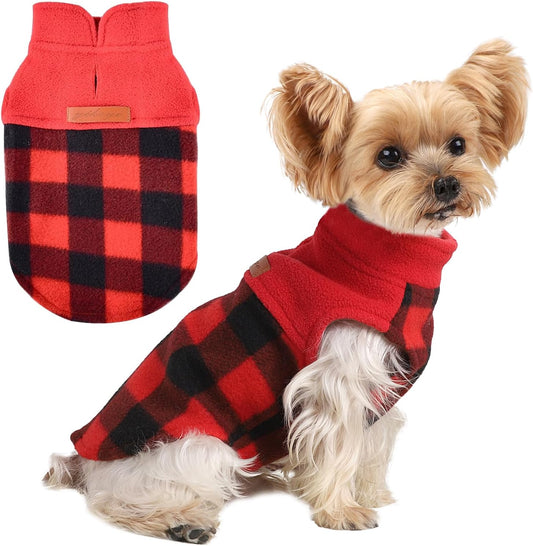 DaFuEn Fleece Dog Sweater, Dog Fleece Vest Winter Coat for Boy Girl, Pet Clothes Pullover, Soft Stretchy Puppy Sweater, Yorkie Teacup Chihuahua Jacket (Red Plaid, XS)