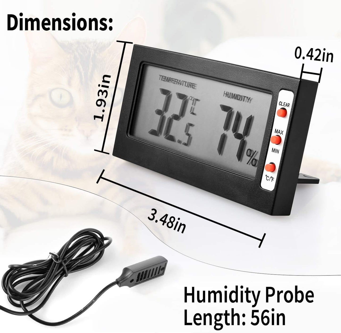 Simple Deluxe Digital Thermometer and Humidity Gauge with Remote Probes for Brooder Reptiles Terrarium, 2 Pack, Black