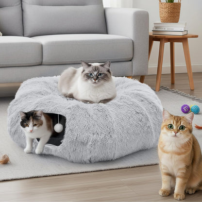 Smug Cat Tunnel Bed for Indoor Cats, Soft Plush Peekaboo Cat Cave Donut Tunnel, Washable Multifunctional Playground Toys Pet Christmas Tree Decoration for Kittens, Rabbit, Ferret (Grey)