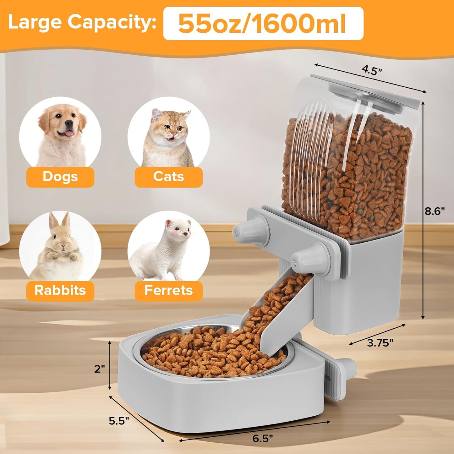 Kenond 55oz Hanging Automatic Rabbit Feeder, 1.6L Large Capacity Gravity Food Dispenser with Stainless Steel Bowl,for Dog, Cat, Ferret & Medium-Small Animals,Fits Widemouth Cages& Wire Cages & Crates