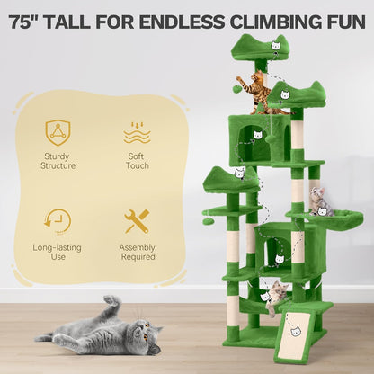 YITAHOME Tall Cat Tree Tower for Indoor Cats, 75in Multi-Level Cat Climbing Tower with Cat Condos, Top Perches, Hammock, Sisal Scratching Posts and Board, Kittens Play Activity Center, Green