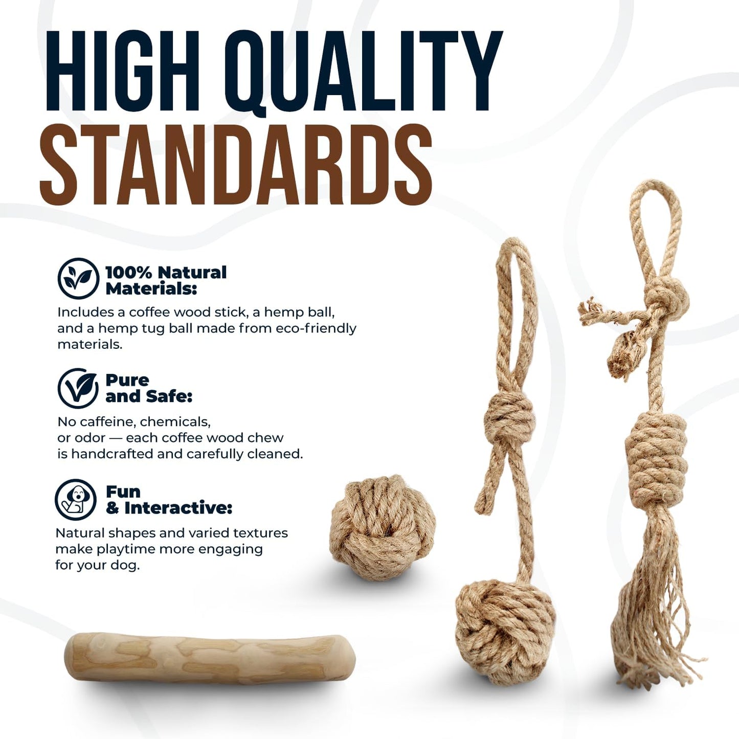 4Pcs Coffee Wood Chew Stick & Hemp Dog Ball Toy for Small & Medium Dog 25-50lbs, 100% Natural, Teething Chewing Interactive to Keep Them Busy, Wood Chew Toy for Birthday