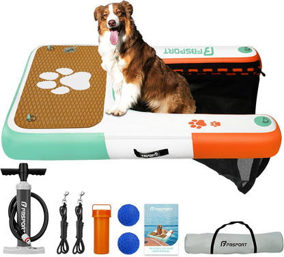 FBSPORT Inflatable Dog Boat Ramp Floating Dock Water Ramp Ladder for Pool, Boat, Non-Slip EVA Floating Ladder for Dog Up to 220 LBs, Safe & Easy Access