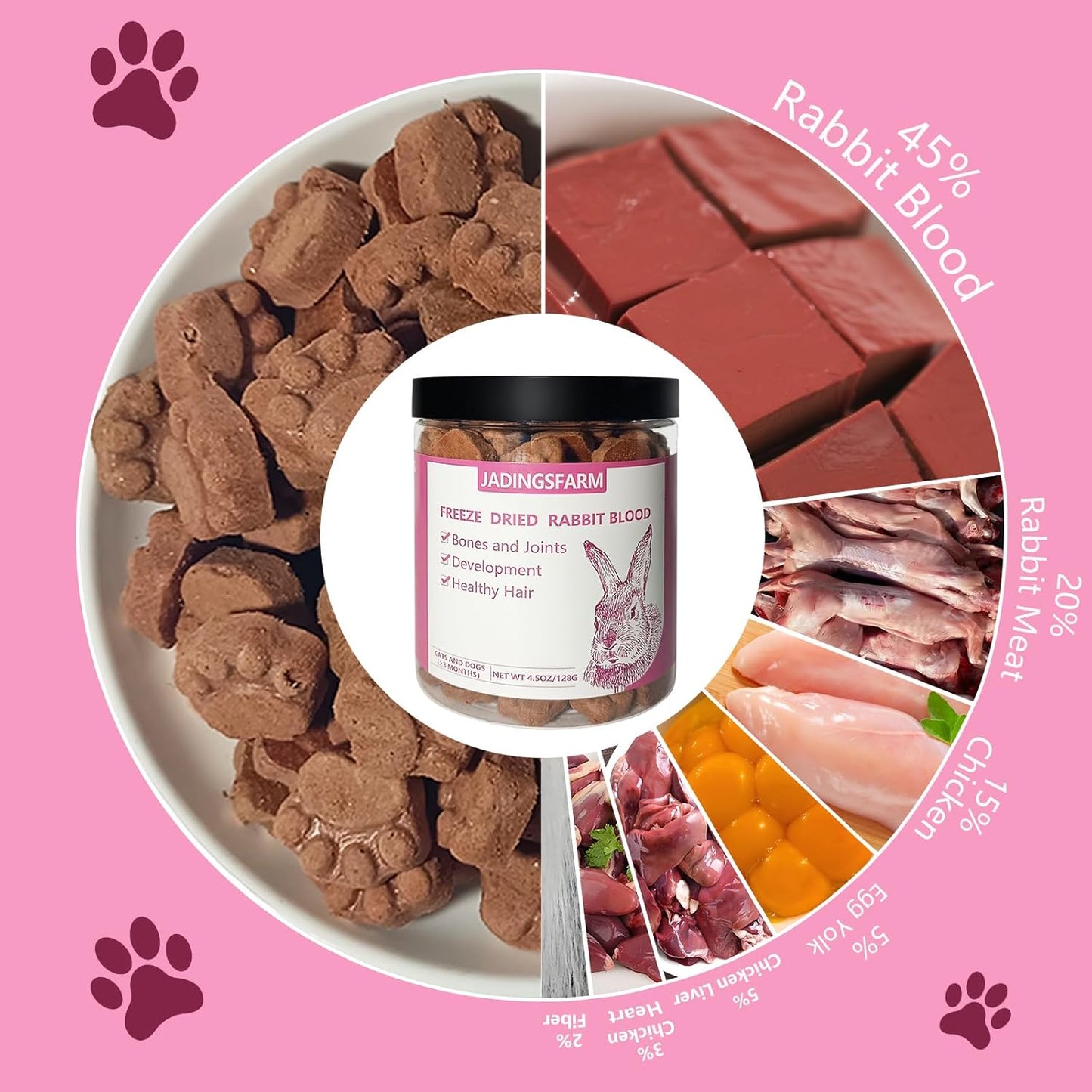 Freeze-Dried Cat Treats, Rabbit Blood Pet Food for Dogs, Iron-Rich Dog Cat Treats, High Protein Training Treats, Grain Free, Gluten Free, Filler Free 4.5 oz