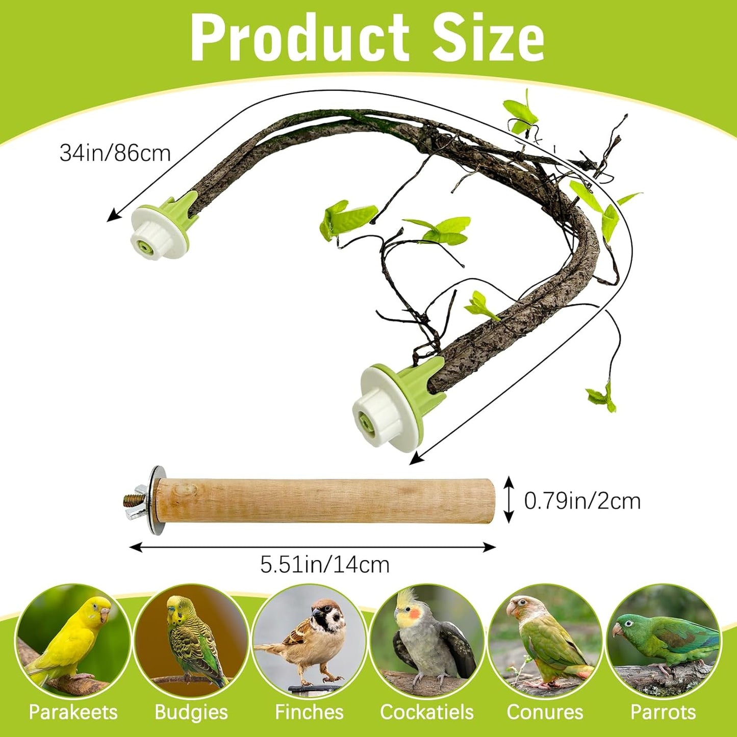 PINVNBY 2 Pcs Bendable Bird Perches & Wooden Perch Simulation Branch Parrot Perch Stand with Green Leaf Hanging Paw Grinding Fork Cage Accessories for Parakeet Budgie Finch Cockatiel Conure (Large)