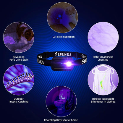 SEVENKA 2 UV Headlamp Flashlight Black Light, Rechargeable LED Hand Free Mini UV Blacklight 395nm Head Lights with White & Ultraviolet Light, Detector for Pet Dog/Cat Urine Stains,Bed Bug,Scorpions