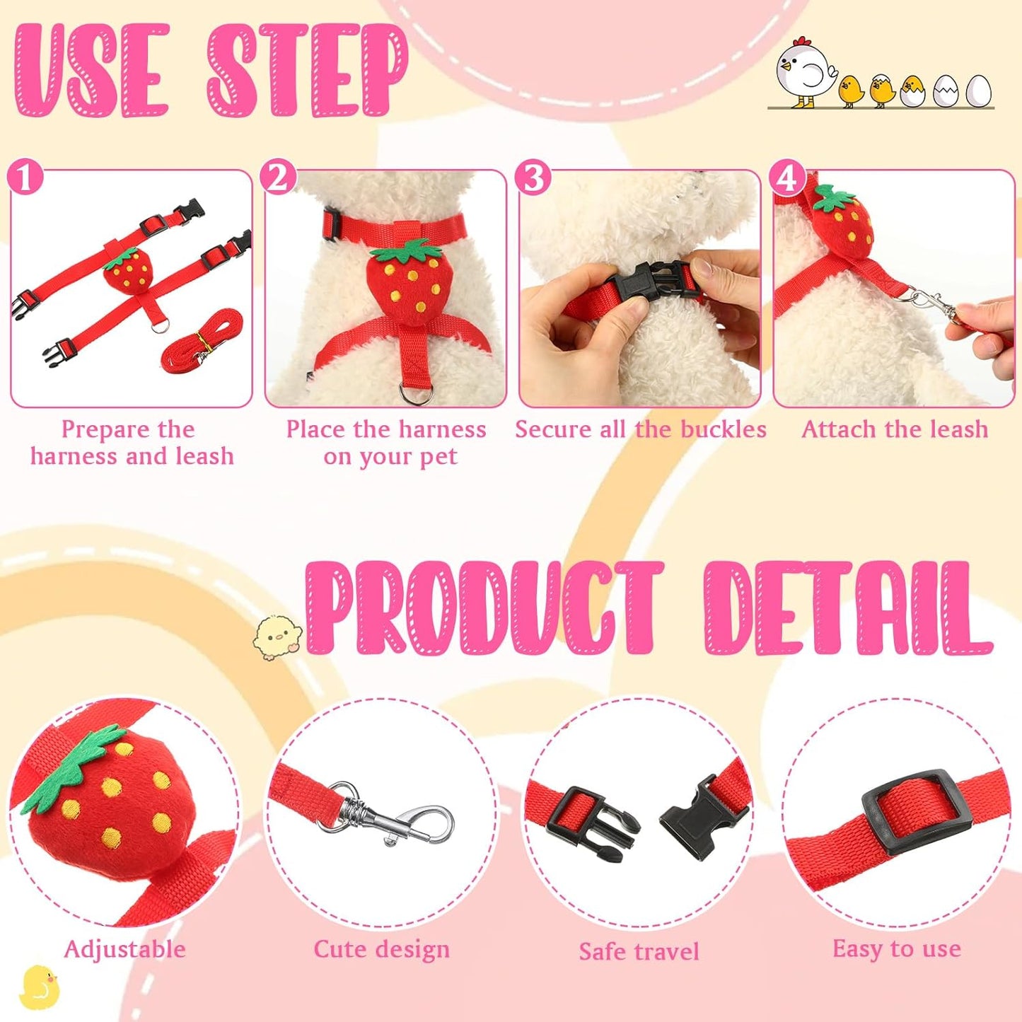 6 Pcs Adjustable Chicken Harness with Leash Cute Pattern Adjustable Walking Rope Outdoor Traction Rope for 2.5–3.6 Lb Chicken Goose Hen Duck Rabbit Small Animals