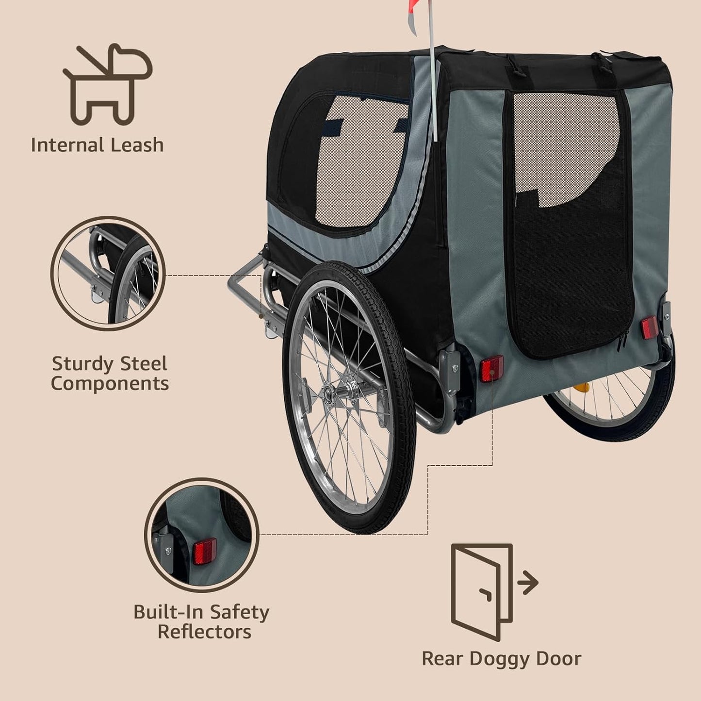 Heavy Duty Dog Bike Trailer for Large Dogs, 132 lbs Pet Bicycle Carrier with Easy Folding Frame, Quick Release Wheel & Universal Coupler, Includes Safety Reflector, Flag and Internal Leash