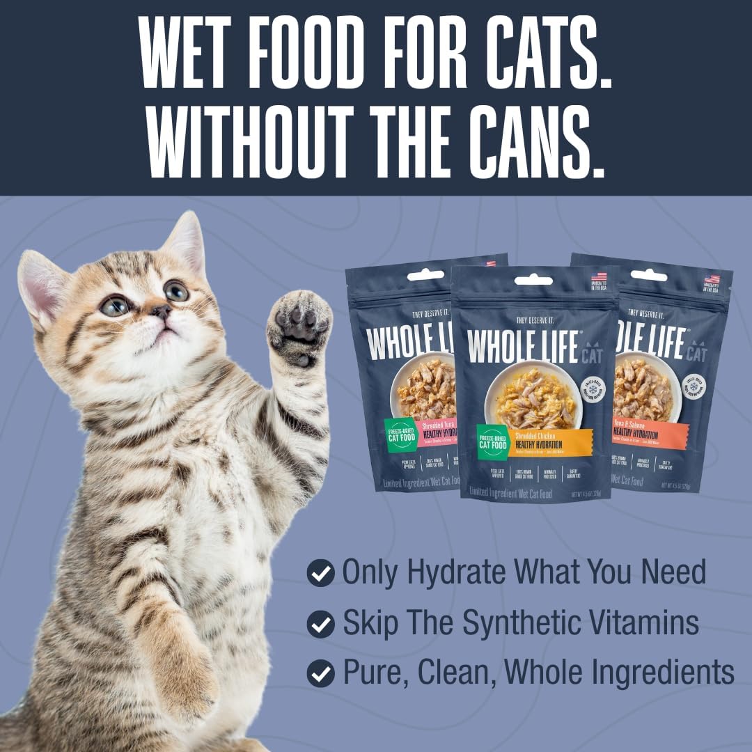 Whole Life Cat Freeze Dried Cat Food - Human-Grade Wet Food Toppers, Single Ingredient Snack & Lickable Treats, Instantly Hydrating Natural Broth Just Add Water, Made in USA - Shredded Chicken, 4.5 Oz