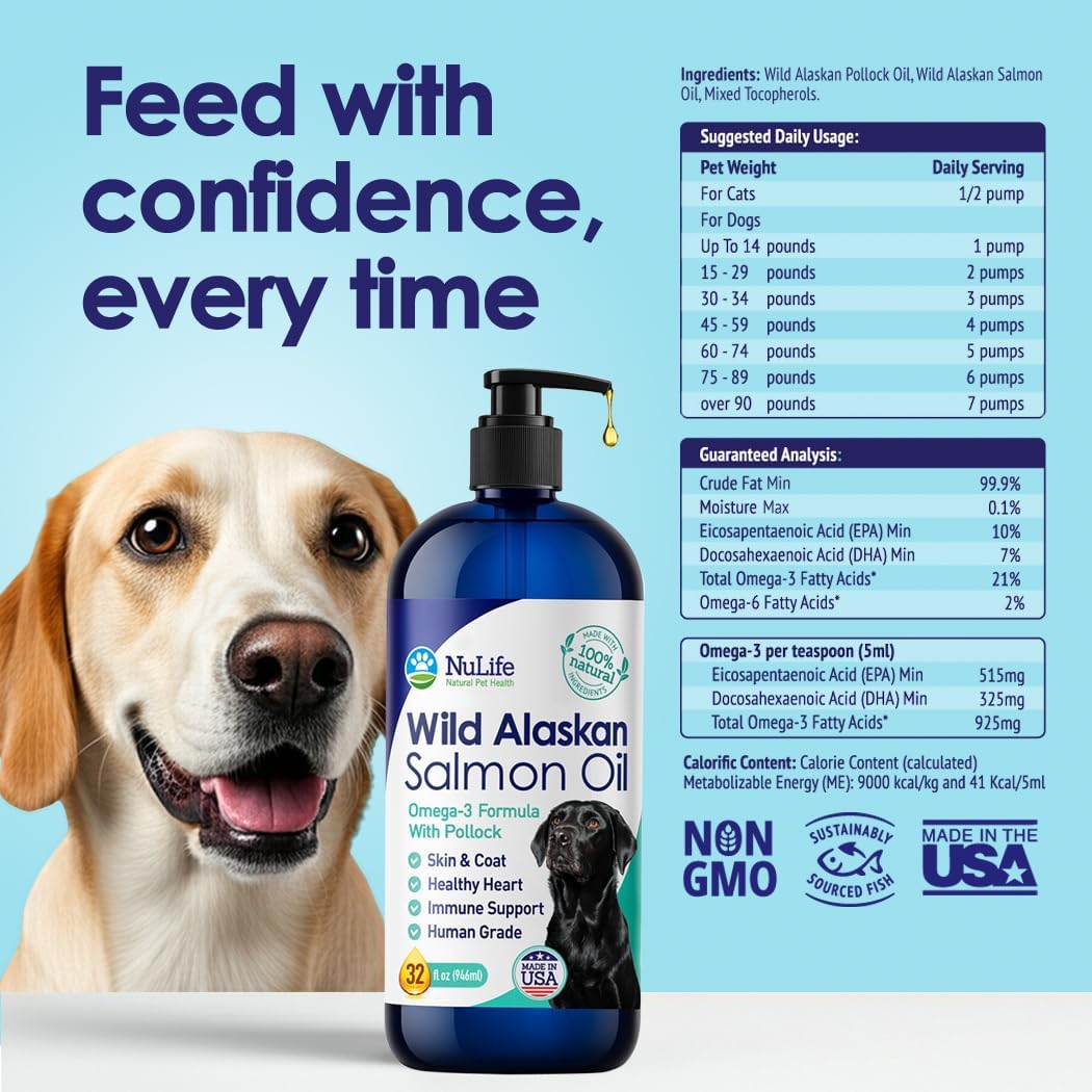Pure Wild Alaskan Salmon Oil for Dogs, Omega 3 Formula, Dog Fish Oil Liquid, Skin and Coat Supplement for Shedding, Dry Itchy Skin and Allergies, EPA + DHA Fatty Acids, 32 oz Pump Bottle