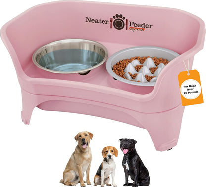 Neater Feeder Express Mess Proof Dog Bowls Elevated for Medium and Large Breed – Made in USA – No Spill Raised Slow Feeder Elevated Dog Bowl Stand, Slow Feed Food and Water Bowl Set, Pink