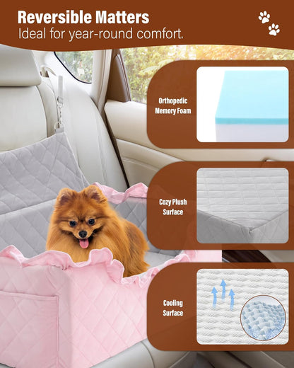 Dog Car Seat for Large Medium Dogs Under 55 lbs, Dog Booster Seat for 2 Small Dogs, Detachable Washable Pet Travel Bed with Thick Memory Foam Cushion, Safety Belt and Storage Pockets | Pink
