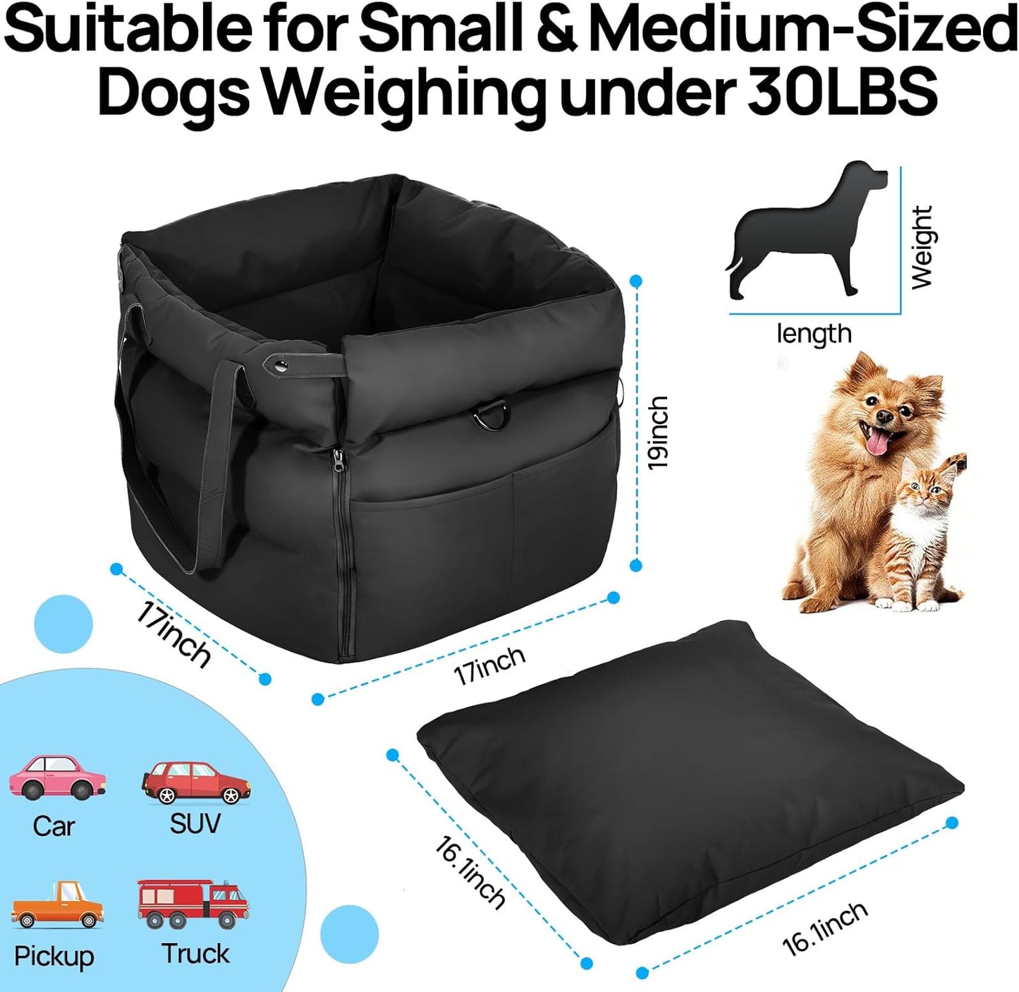 Gugxiom Dog Car Seat Bed for Small & Medium Dogs Under 30lbs, Premium Dog Car Seat, Soft & Stylish & Waterproof, Easy to Clean for Front or Back Seat (Black)