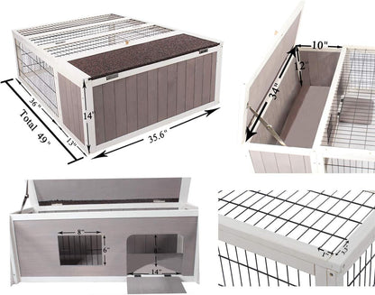 Tortoise House Habitat Wooden, Chicken Coop with Run Rabbit Hutch Small Animal Hutch Enclosure Indoor/Outdoor-Grey + White Trim