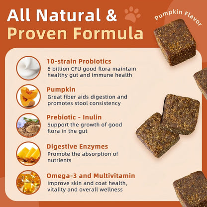 ZEBORA Probiotics for Dogs - Dog Probiotics, Pumpkin for Digestive & Gut Health, Digestive Enzymes & Prebiotic for Occasional Diarrhea, Support Immune, Skin & Allergies, 120 Soft Chews, Pumpkin Flavor