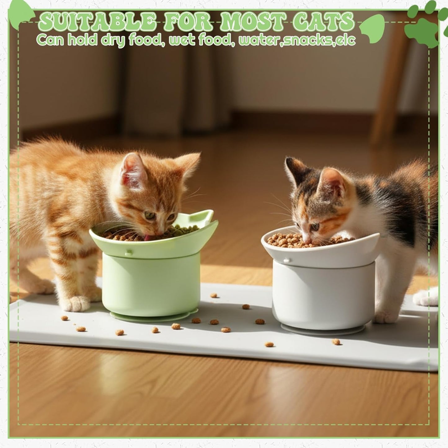 2 Pack Gray, Green Slow Feeder for Cat Bowls, Silicone Tilted Raised Pet Bowl with Non Slip Base for Digestion Anti Vomit