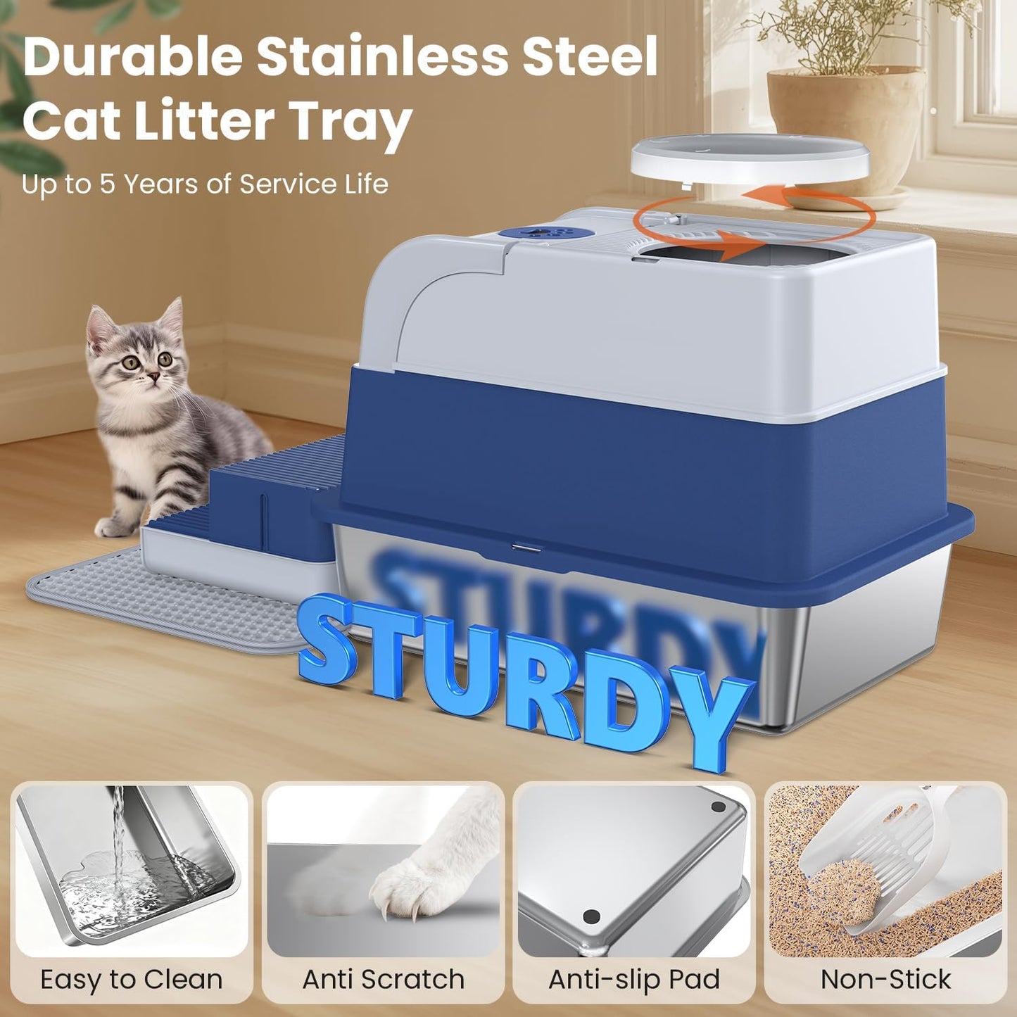 Stainless Steel Litter Box with Lid, XXL Top Entry Extra Large Litter Box Enclosure for Kitty & Big Cats, Non-Stick Metal Cat Pan with Dual Storage Footboard, Trapping Mat & Scoop Included