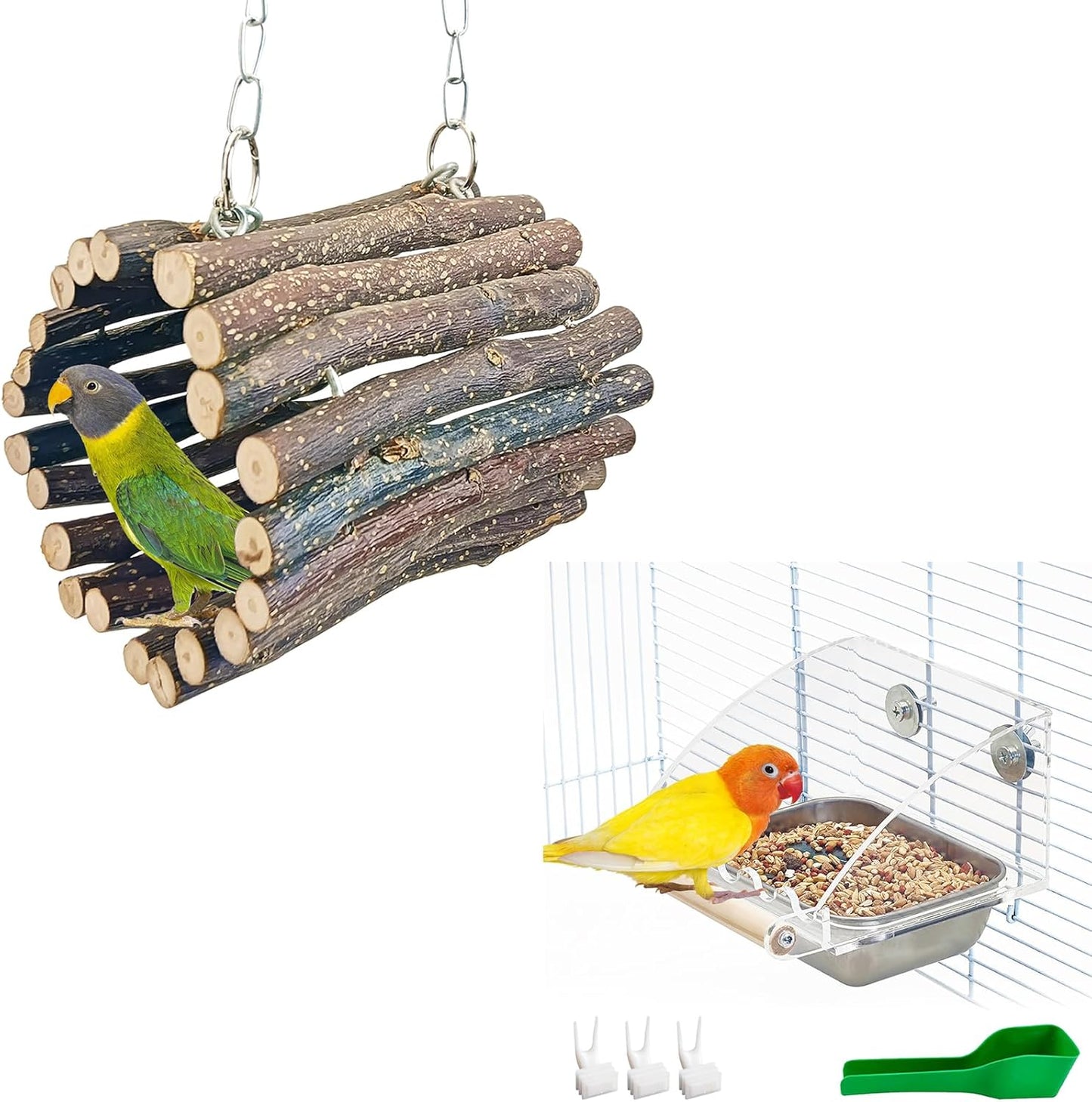 BNOSDM Wooden Bird Tunnel Parrot Swing Toys Natural Hanging Nest and No Mess Bird Feeder for Cage with Stainless Steel Food & Water Bowl for Conures, Parakeets, Budgies, Fincheses, Cockatiels, Lovebir