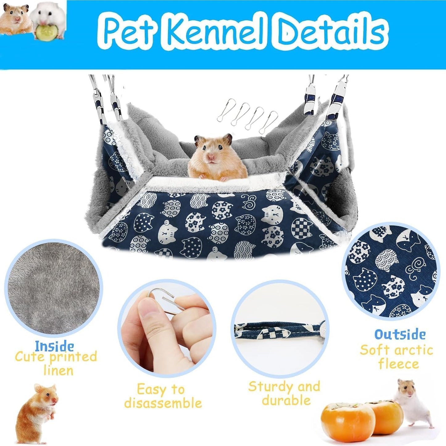 2 Layers Pet Rat Hammock, Double Sided Warm Flece & Linen Hammock for Cage, Hamster Guinea Pig Ferret Chinchilla Small Animal Bed, Hanging Hideout Swing Cage Accessories