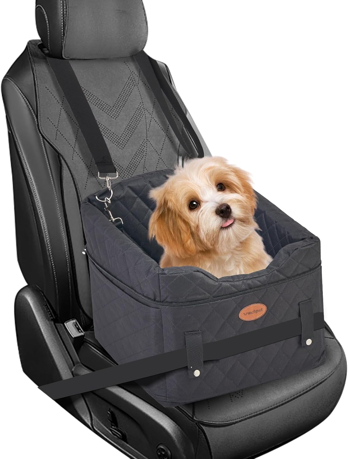 Dog Car Seat with Loops Dog Booster Seat for All Seasons, Anti Slip Bottom Pet Travel Bed with Thick Pets Sofa Cushion and Storage Pockets for Small Pets（Black）