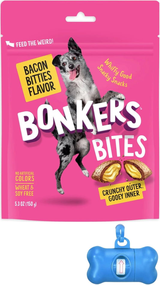 Bundle - Bonkers Bacon Bitties Flavored Dog Treats with Crunchy Outer Shell, Gooey Center, 1-5.3 oz Bag with Bonus Bone Waste Bag Dispenser & Free Roll!