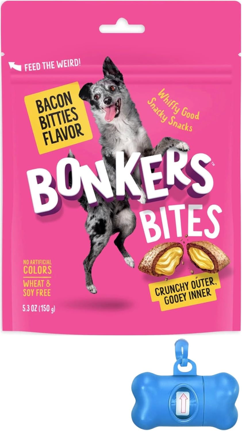Bundle - Bonkers Bacon Bitties Flavored Dog Treats with Crunchy Outer Shell, Gooey Center, 1-5.3 oz Bag with Bonus Bone Waste Bag Dispenser & Free Roll!